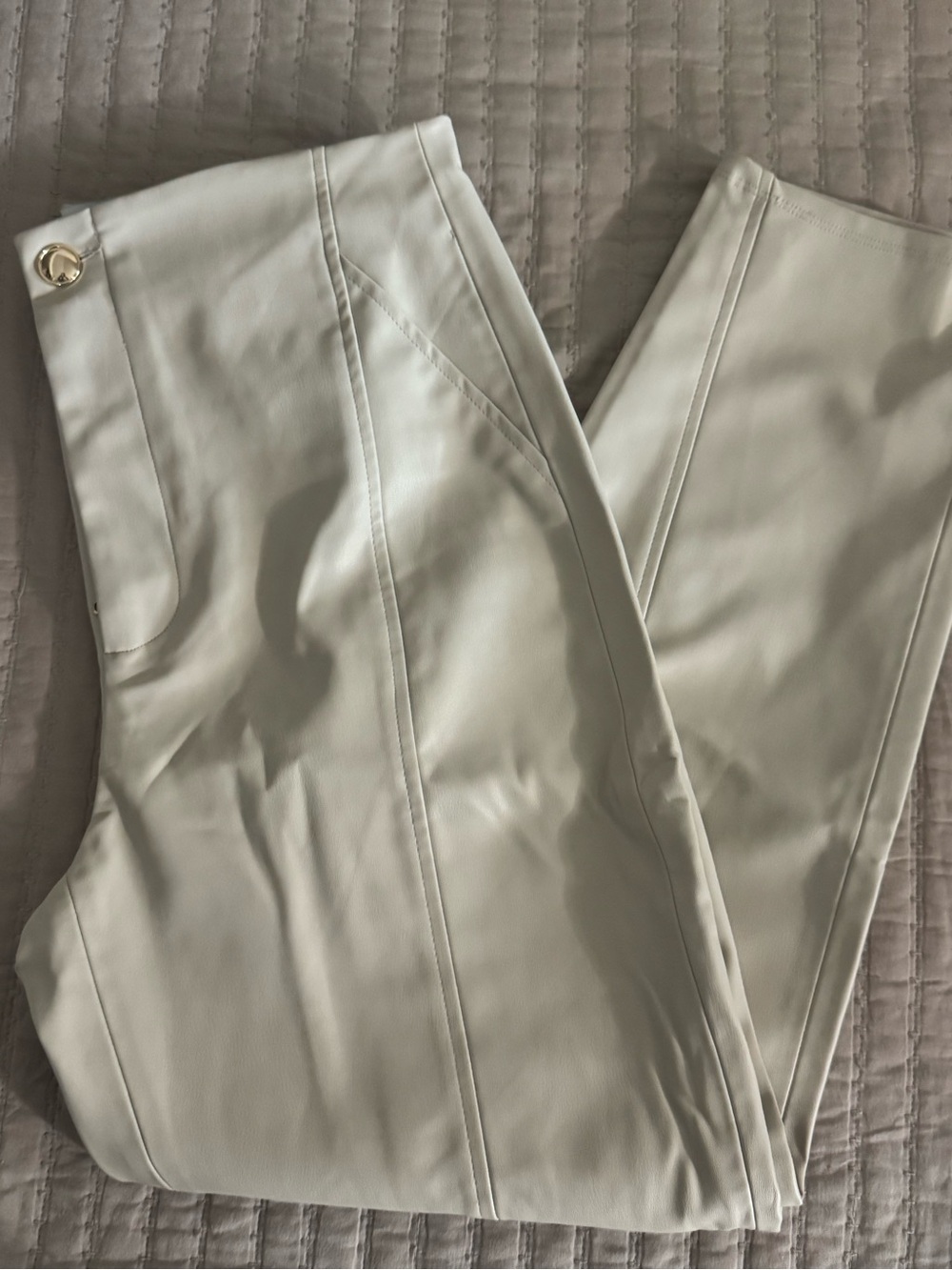 Zara Men Cream Faux Leather Trousers with Gold Button